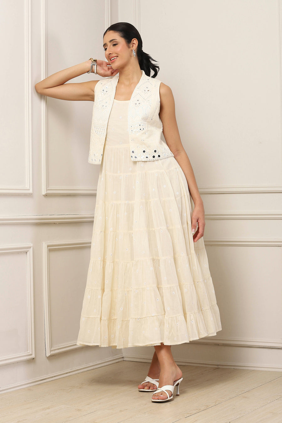 Yellow Cotton Embroidered Tiered Dress With Jacket E45