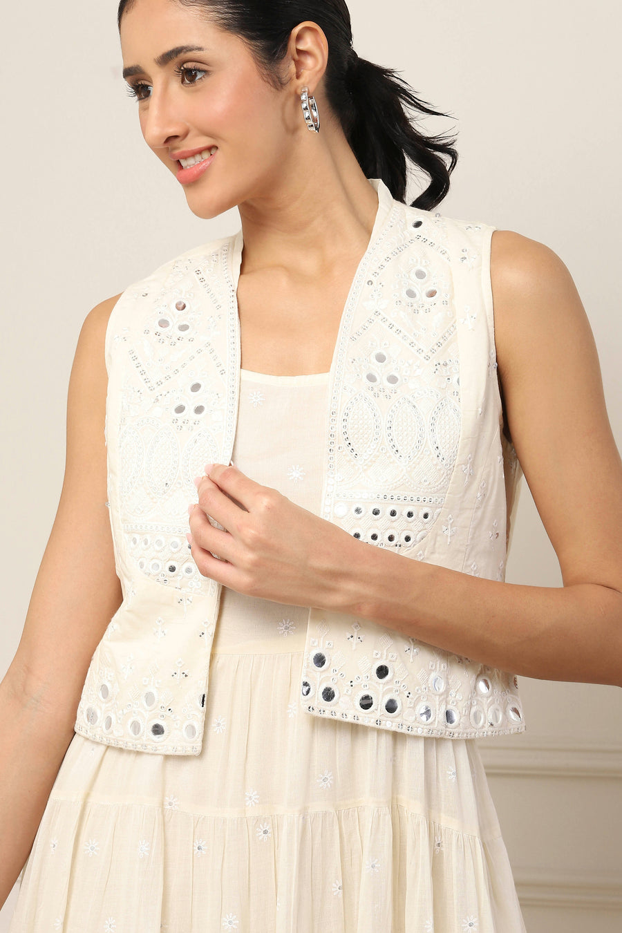 Yellow Cotton Embroidered Tiered Dress With Jacket E45