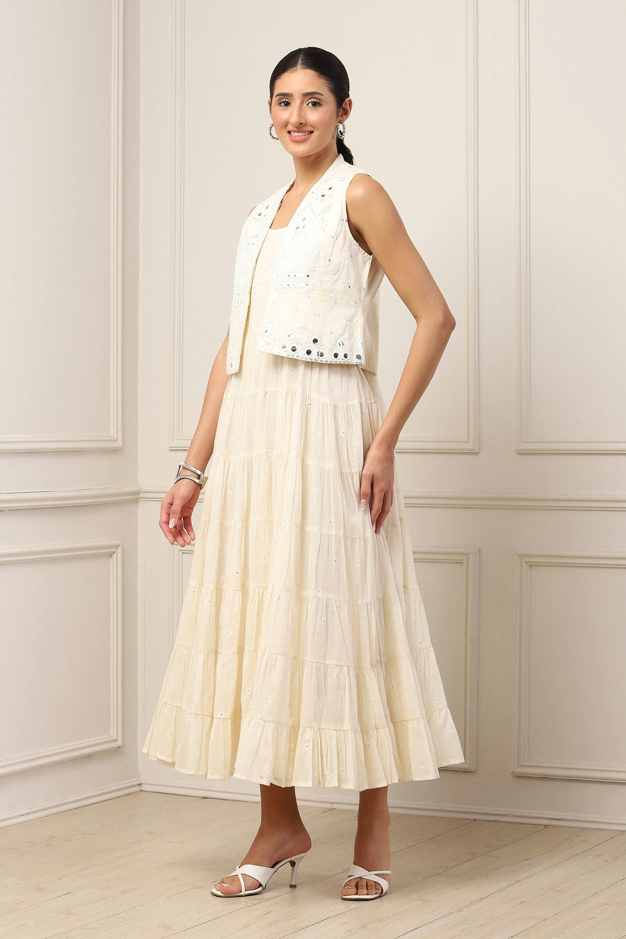 Yellow Cotton Embroidered Tiered Dress With Jacket E45