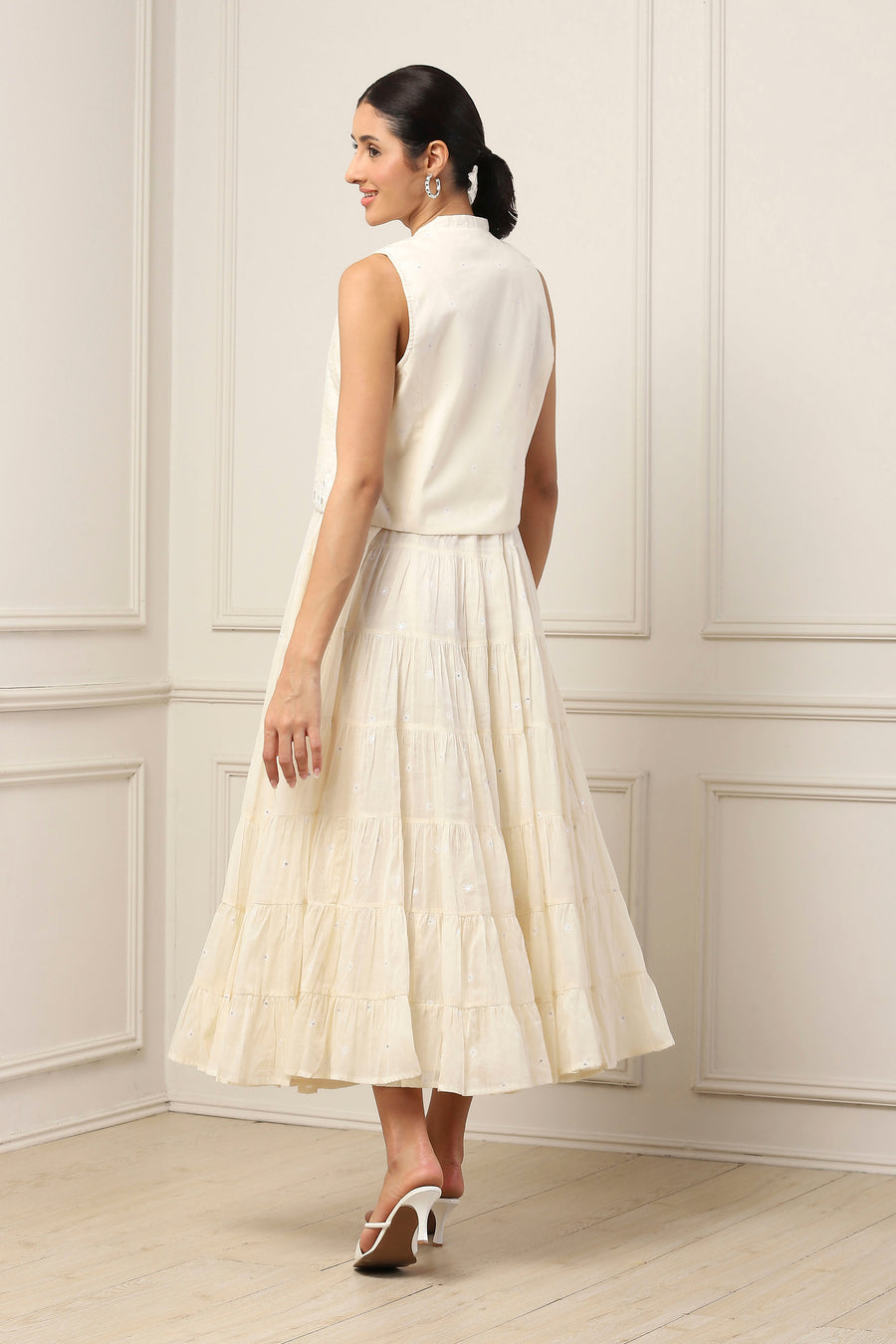 Yellow Cotton Embroidered Tiered Dress With Jacket E45