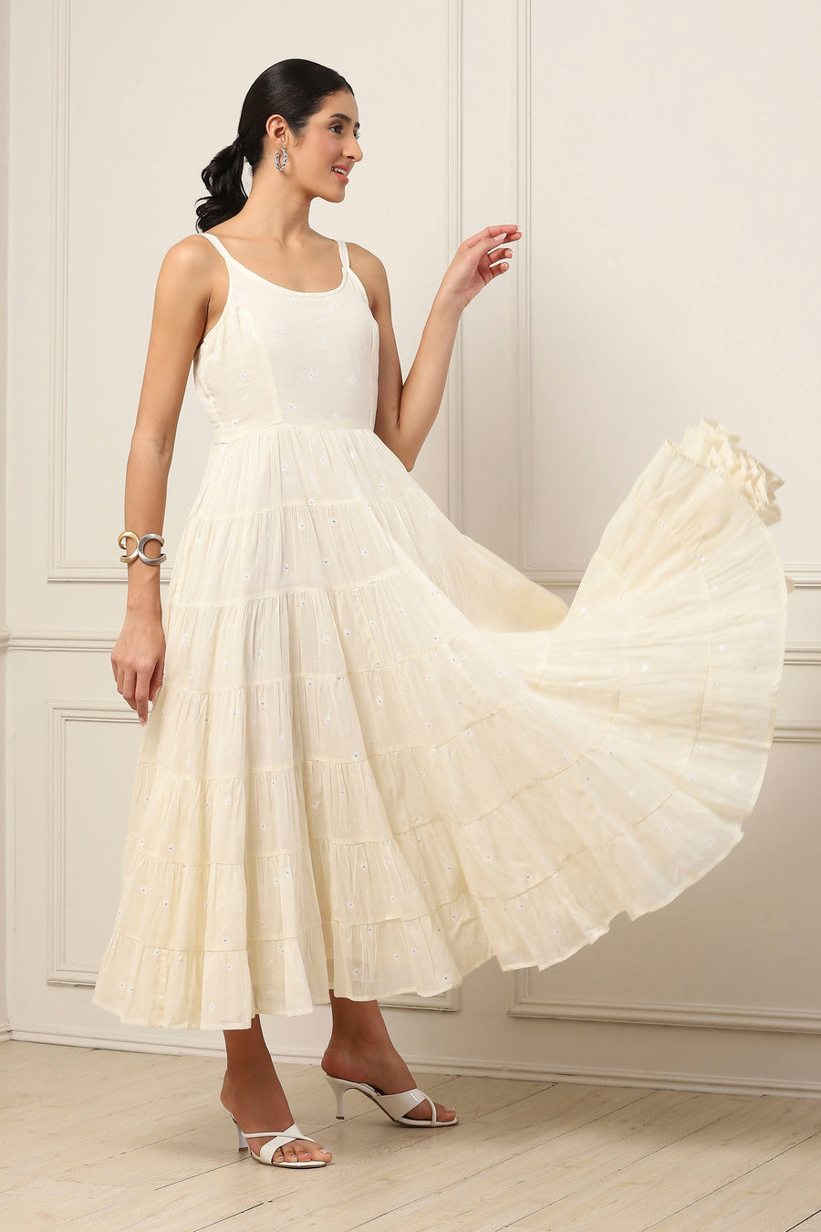 Yellow Cotton Embroidered Tiered Dress With Jacket E45