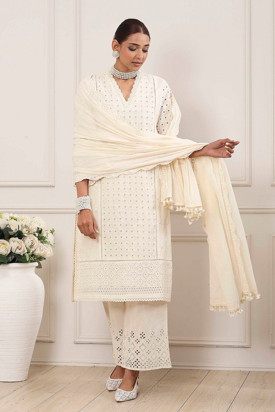 Cream-Toned Cotton Schiffli Straight Suit Set KS60