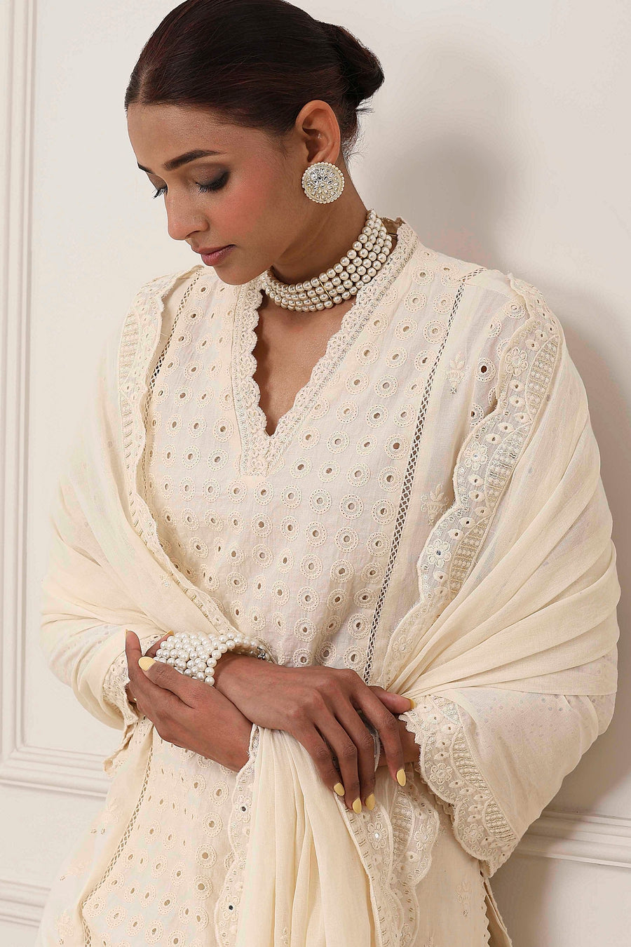 Cream-Toned Cotton Schiffli Straight Suit Set KS60