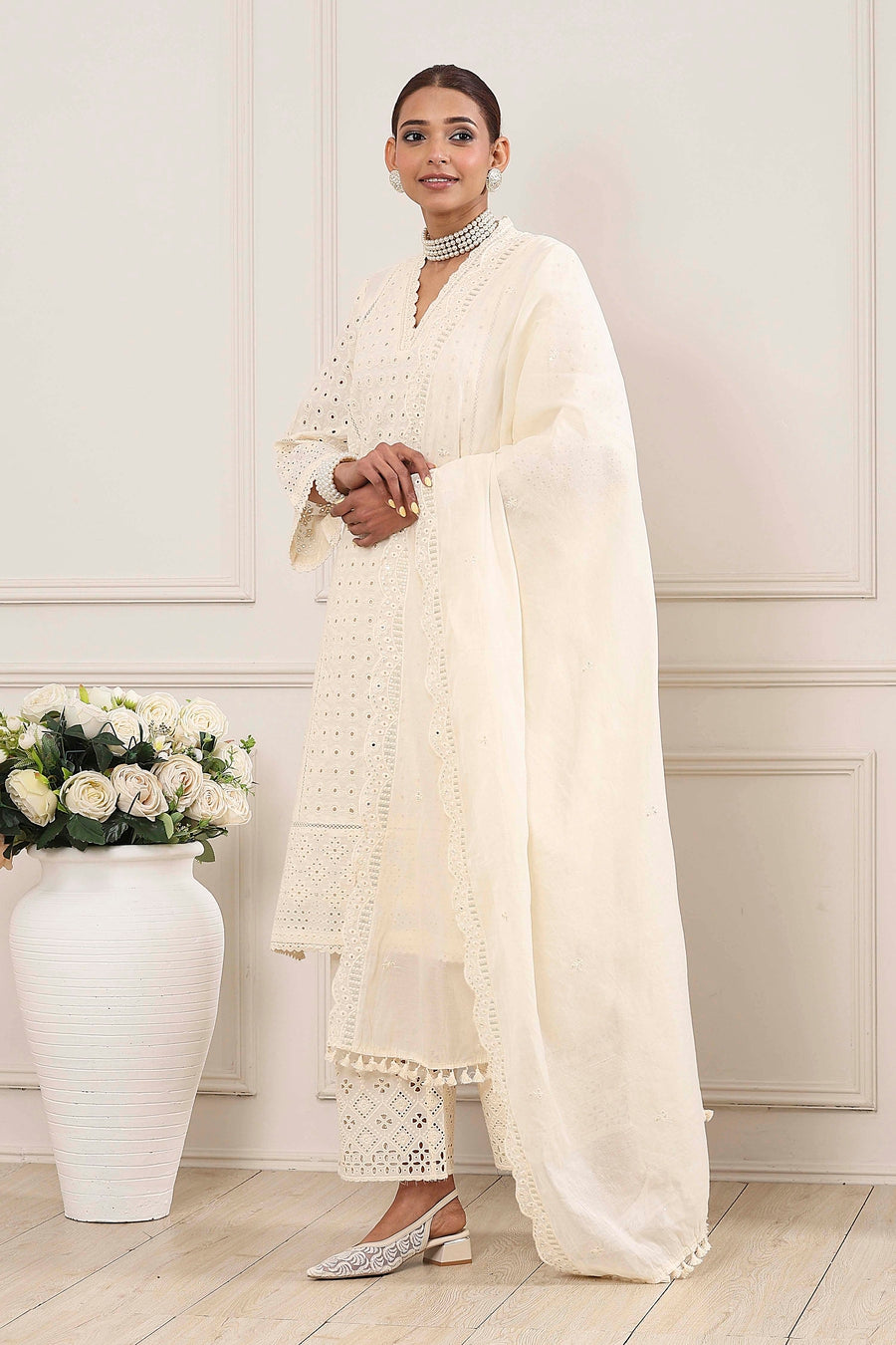 Cream-Toned Cotton Schiffli Straight Suit Set KS60