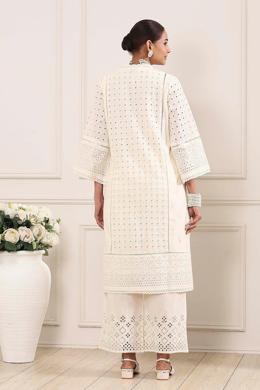 Cream-Toned Cotton Schiffli Straight Suit Set KS60