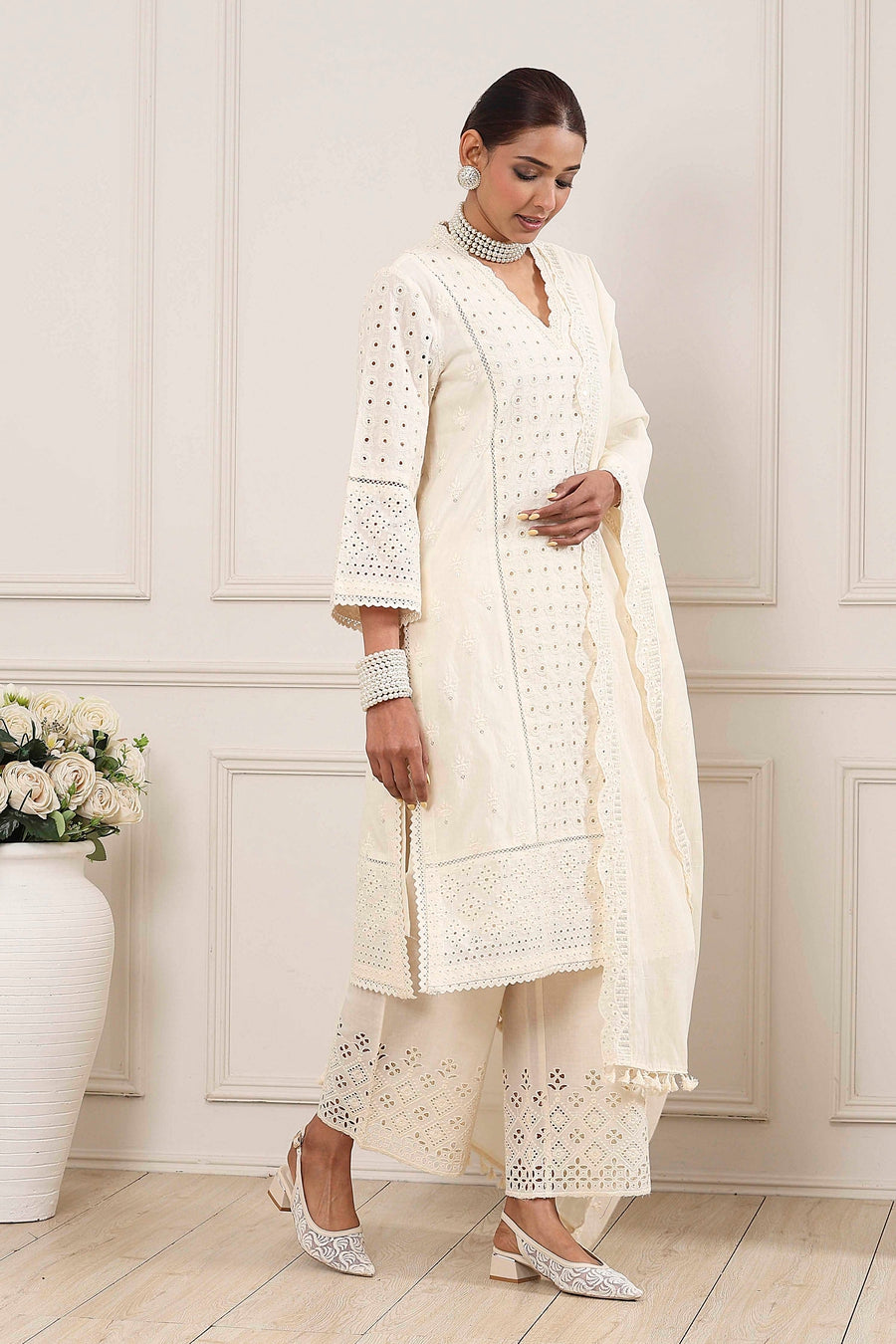 Cream-Toned Cotton Schiffli Straight Suit Set KS60