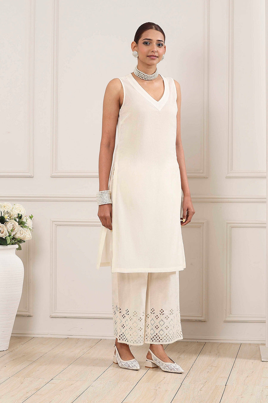 Cream-Toned Cotton Schiffli Straight Suit Set KS60