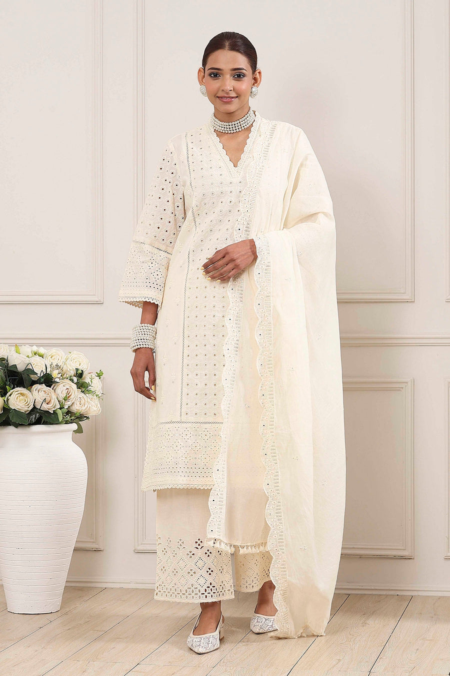 Cream-Toned Cotton Schiffli Straight Suit Set KS60