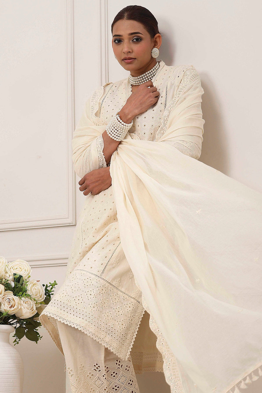 Cream-Toned Cotton Schiffli Straight Suit Set KS60