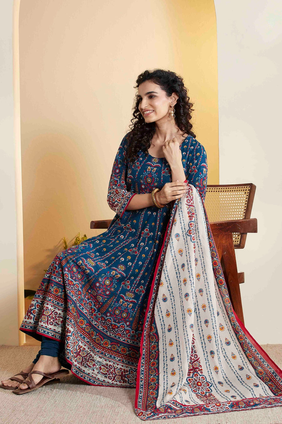 Blue Printed Anarkali Cotton Kurta Set A34