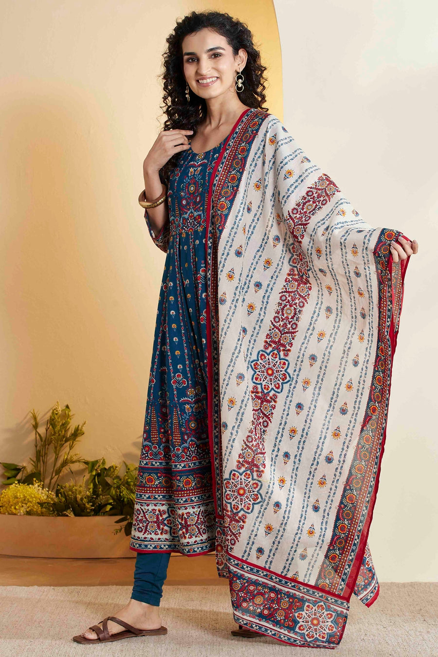 Blue Printed Anarkali Cotton Kurta Set A34