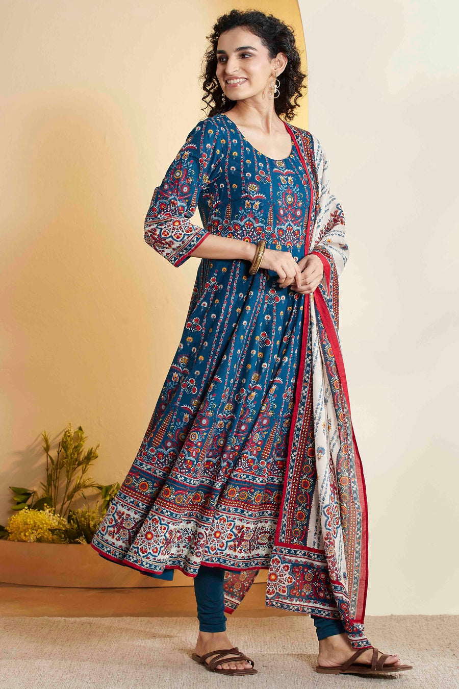 Blue Printed Anarkali Cotton Kurta Set A34