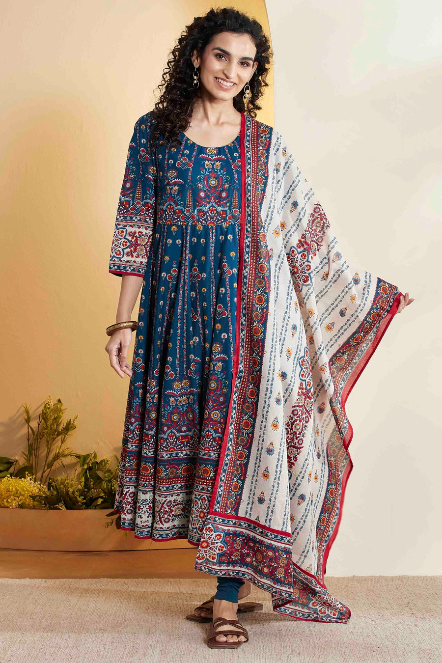 Blue Printed Anarkali Cotton Kurta Set A34