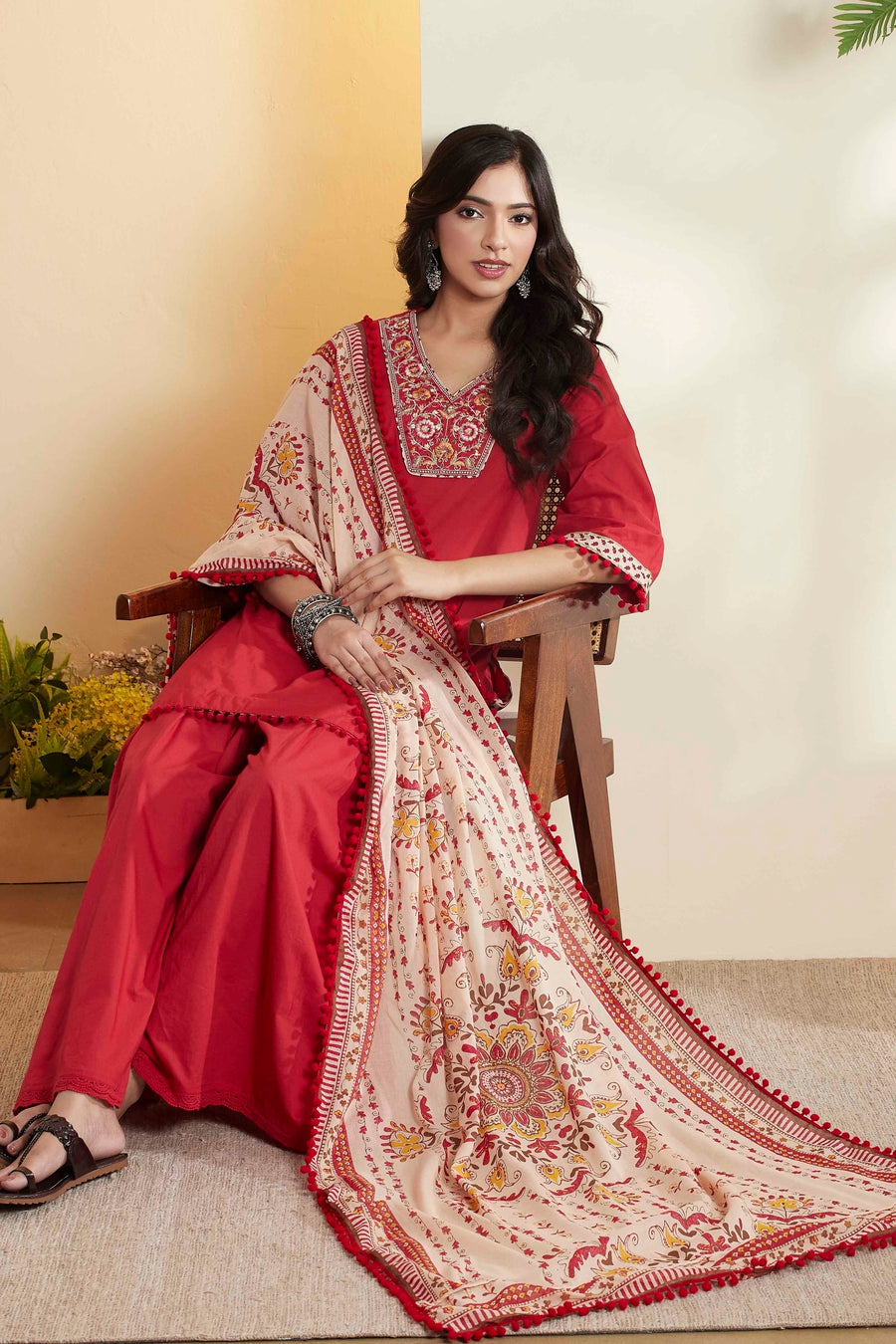 Red Cotton Straight Yoke Design Sharara Kurta Set KS60