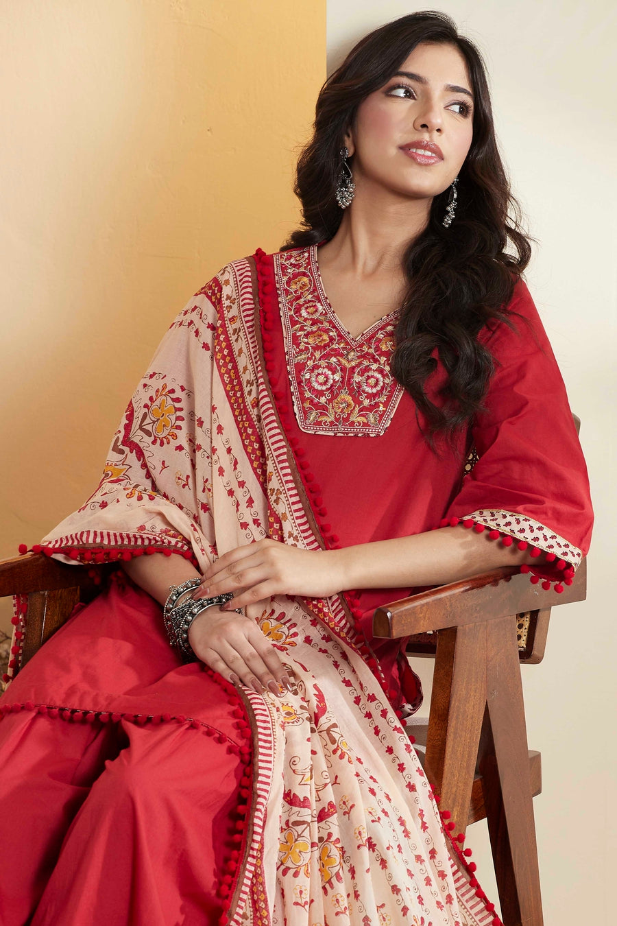 Red Cotton Straight Yoke Design Sharara Kurta Set KS60