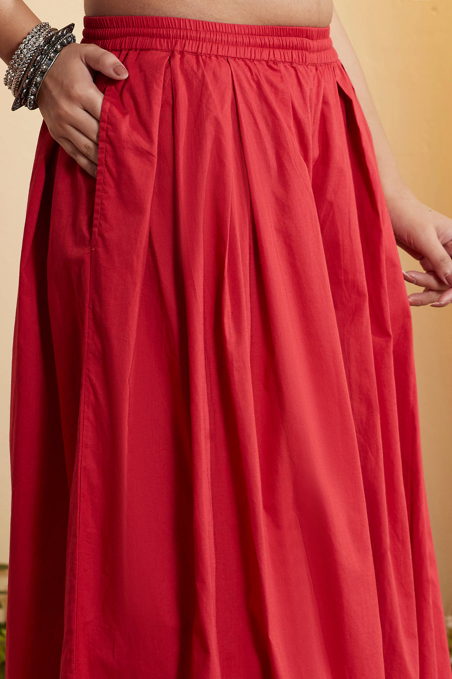 Red Cotton Straight Yoke Design Sharara Kurta Set KS60