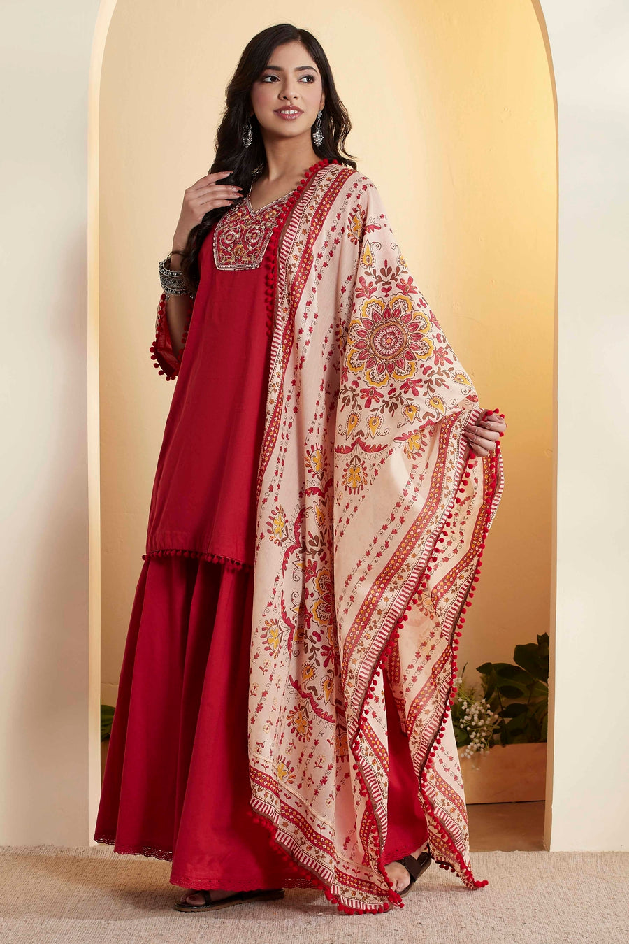 Red Cotton Straight Yoke Design Sharara Kurta Set KS60