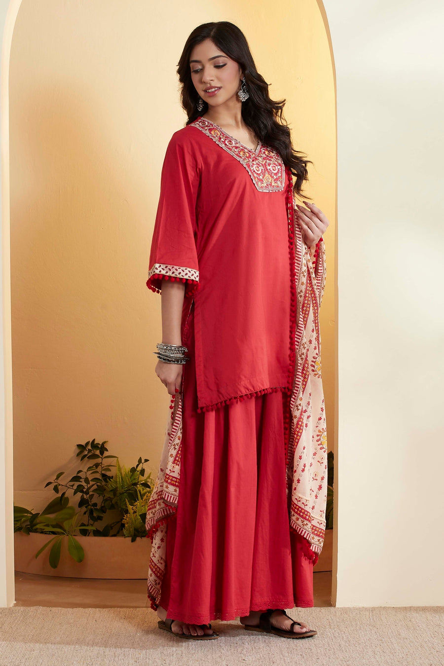 Red Cotton Straight Yoke Design Sharara Kurta Set KS60