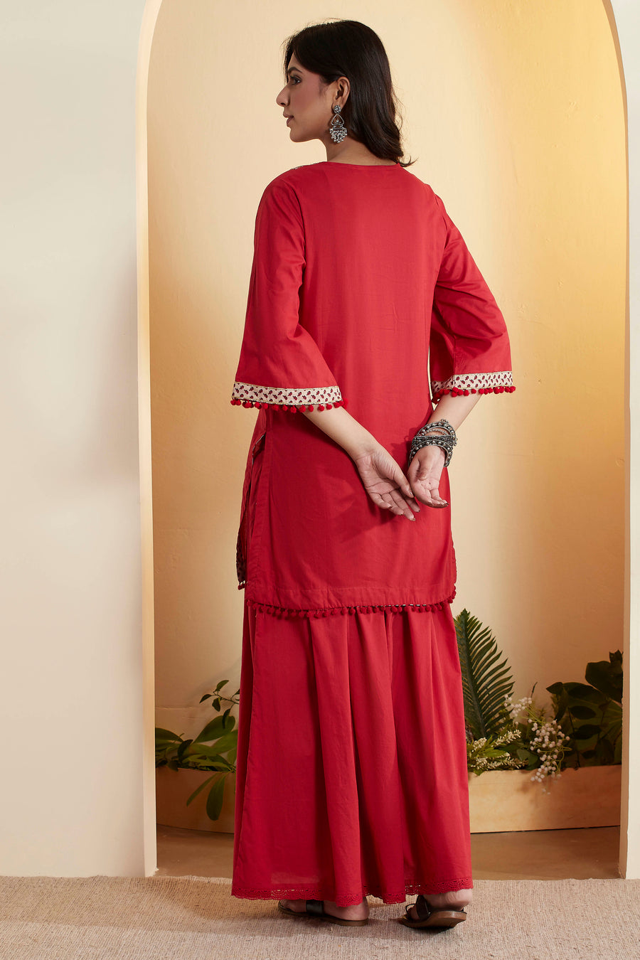 Red Cotton Straight Yoke Design Sharara Kurta Set KS60