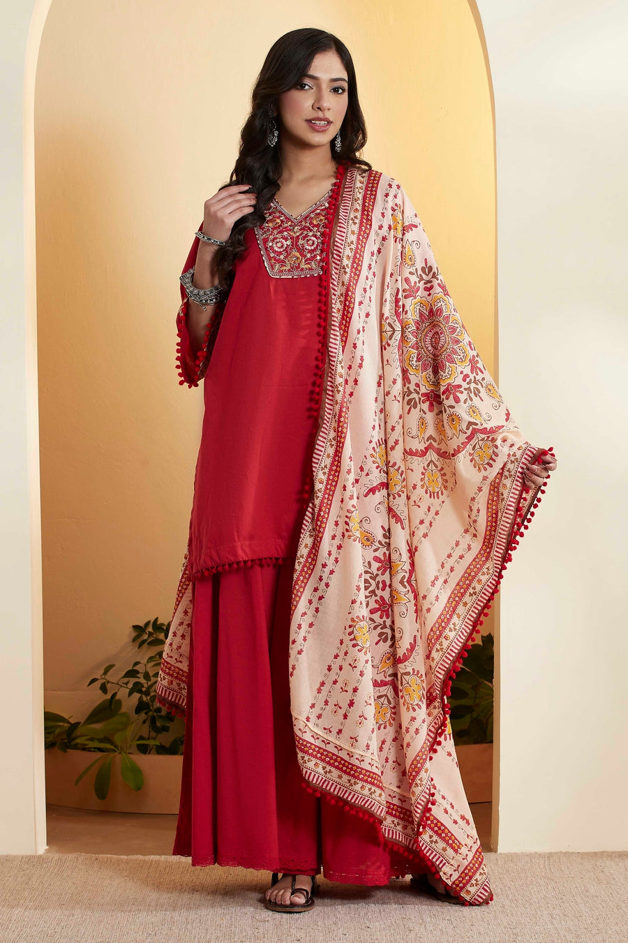 Red Cotton Straight Yoke Design Sharara Kurta Set KS60