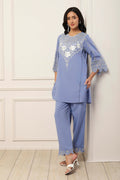 Blue Cotton Embroidered Cutwork Straight Suit Set KS60