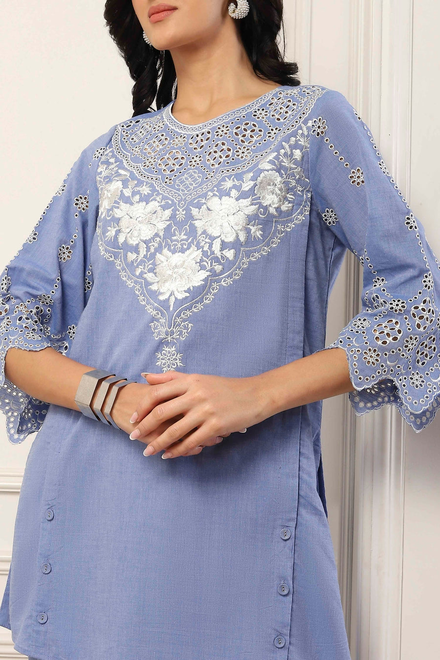 Blue Cotton Embroidered Cutwork Straight Suit Set KS60