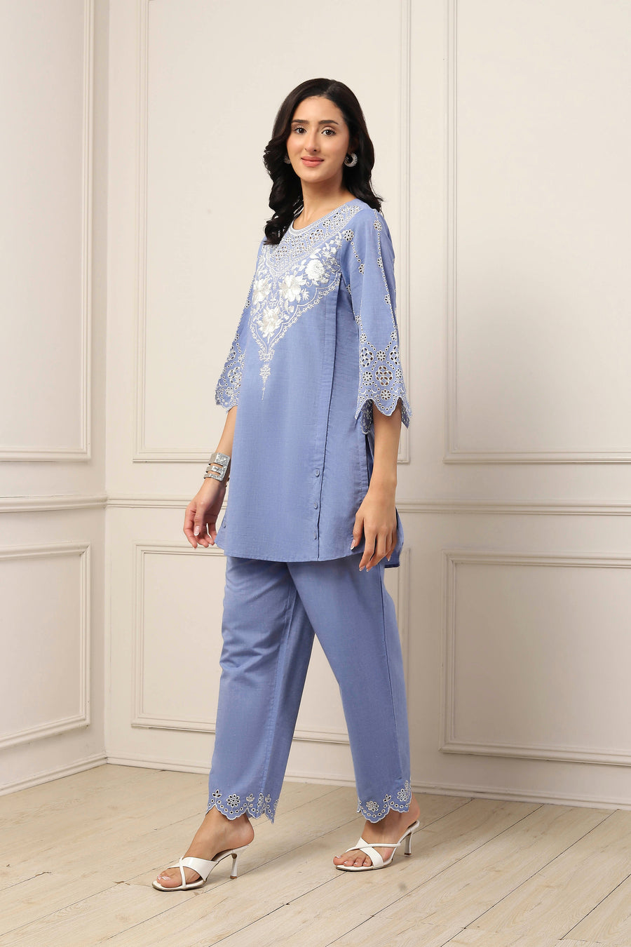 Blue Cotton Embroidered Cutwork Straight Suit Set KS60