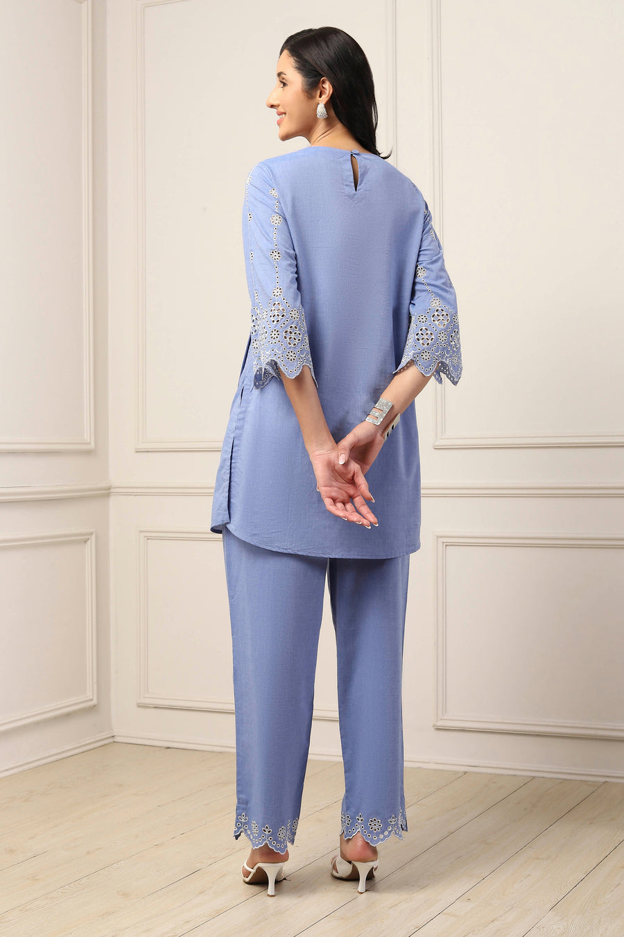 Blue Cotton Embroidered Cutwork Straight Suit Set KS60