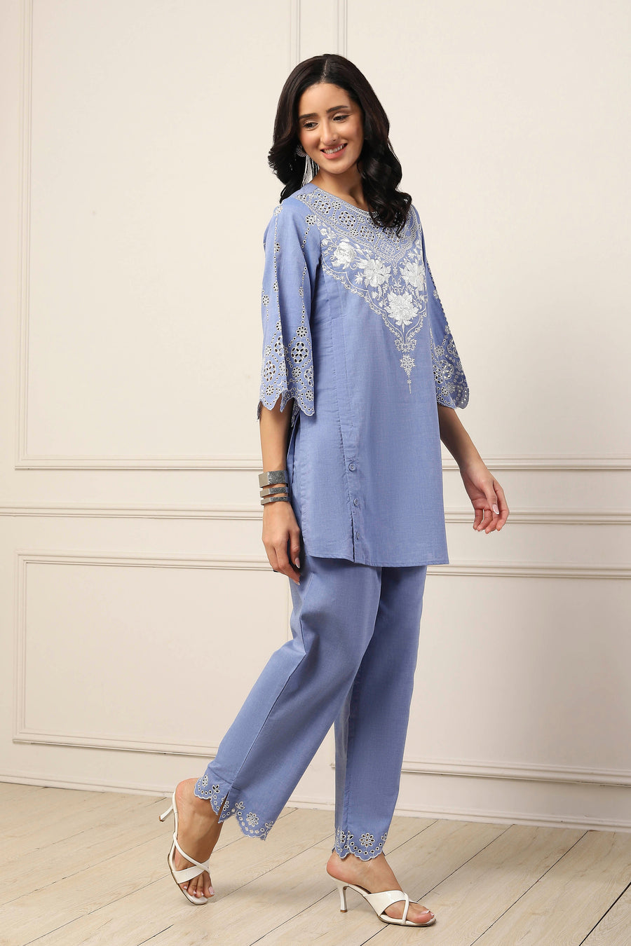 Blue Cotton Embroidered Cutwork Straight Suit Set KS60