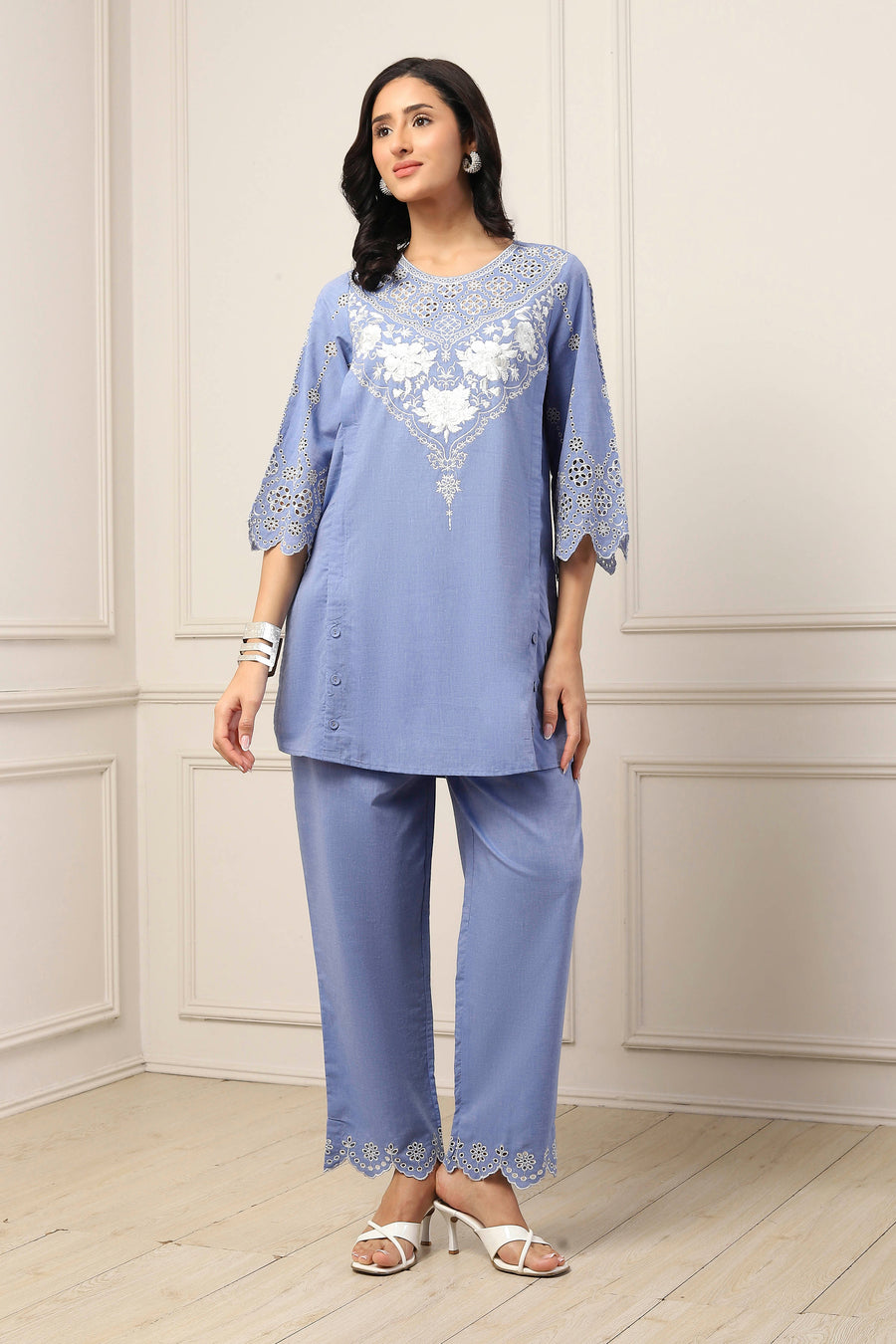 Blue Cotton Embroidered Cutwork Straight Suit Set KS60