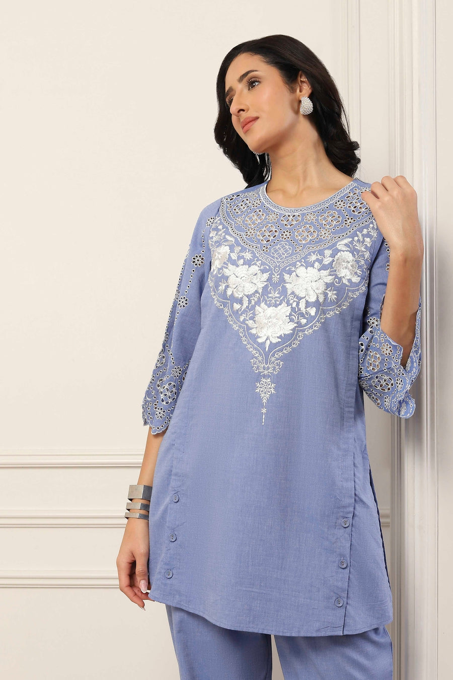 Blue Cotton Embroidered Cutwork Straight Suit Set KS60