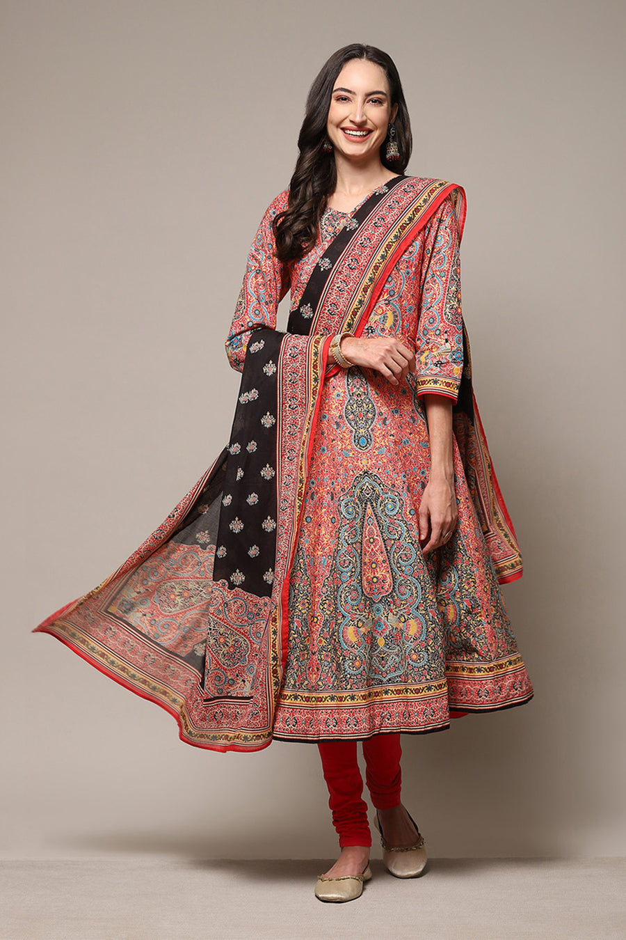 Red Cotton Anarkali Kurta Churidar Suit Set A34