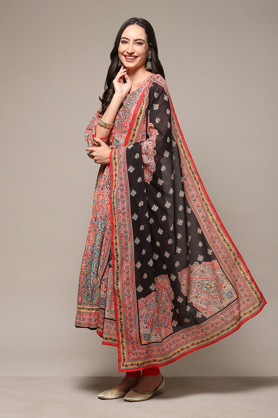 Red Cotton Anarkali Kurta Churidar Suit Set A34