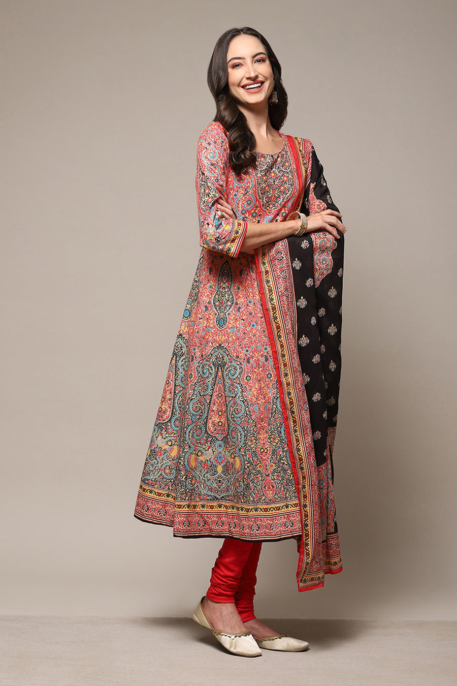 Red Cotton Anarkali Kurta Churidar Suit Set A34