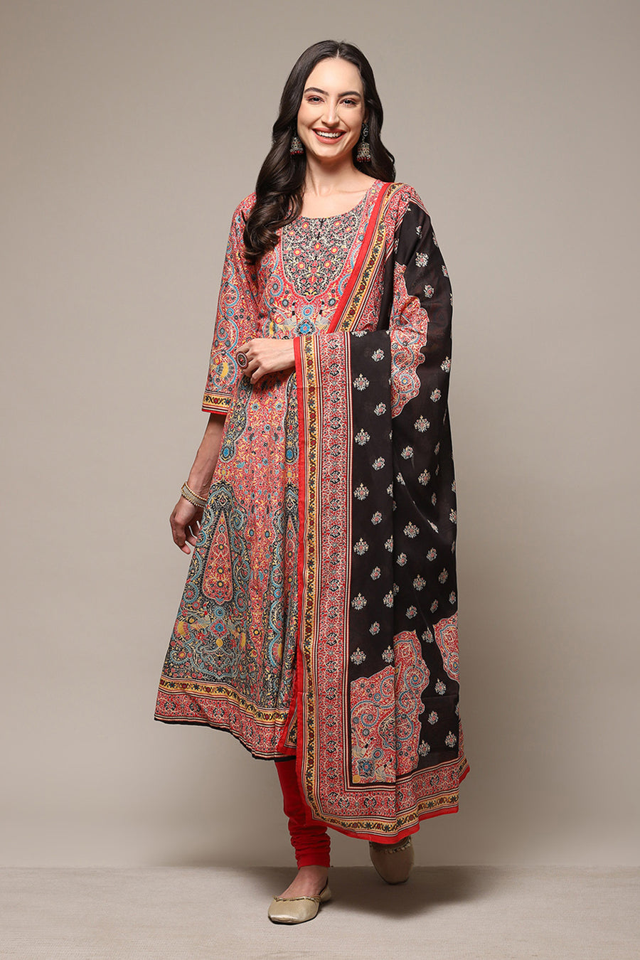 Red Cotton Anarkali Kurta Churidar Suit Set A34