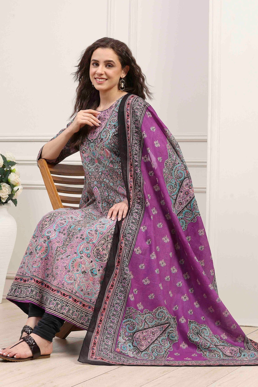 Purple Cotton Printed Anarkali Kurta Set A34