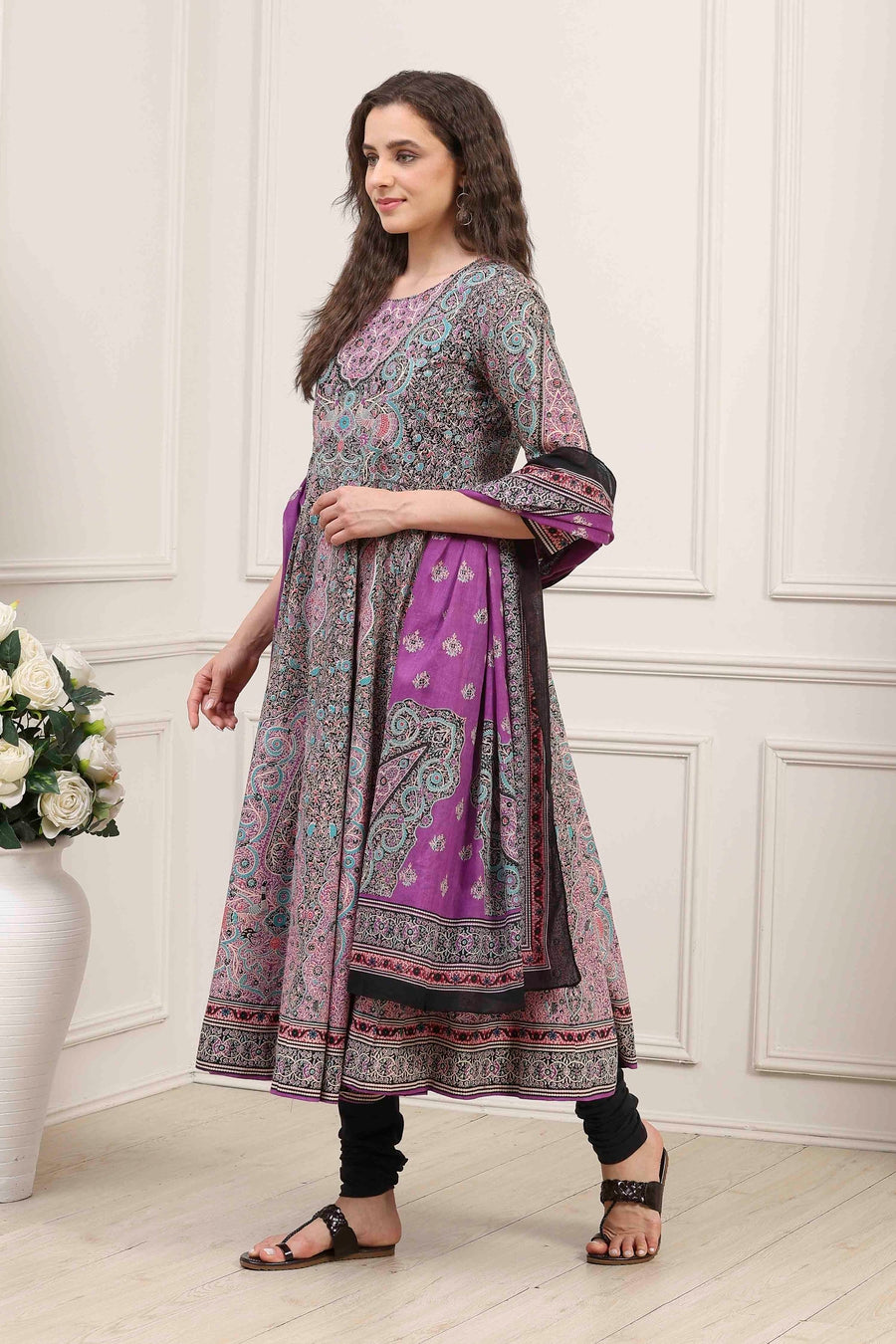 Purple Cotton Printed Anarkali Kurta Set A34
