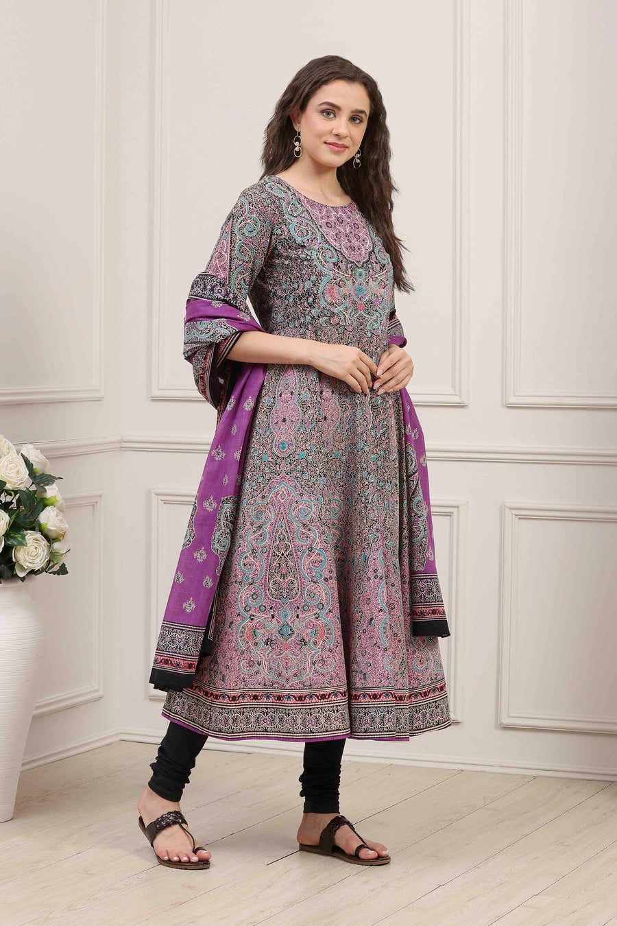 Purple Cotton Printed Anarkali Kurta Set A34