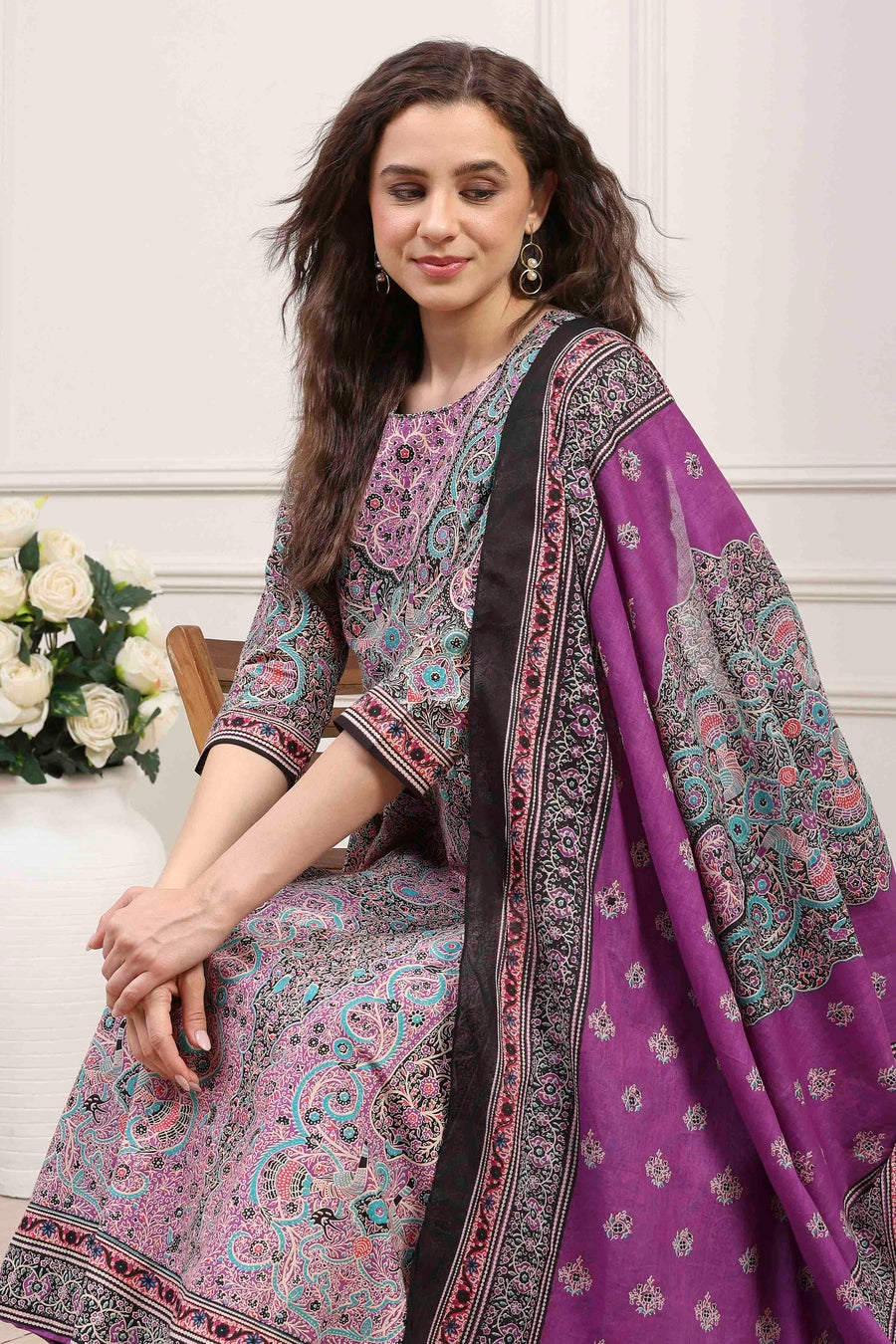 Purple Cotton Printed Anarkali Kurta Set A34