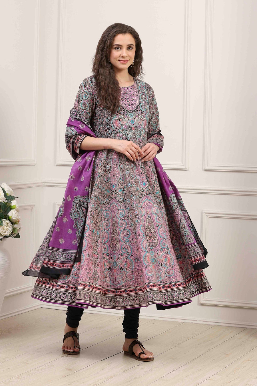 Purple Cotton Printed Anarkali Kurta Set A34