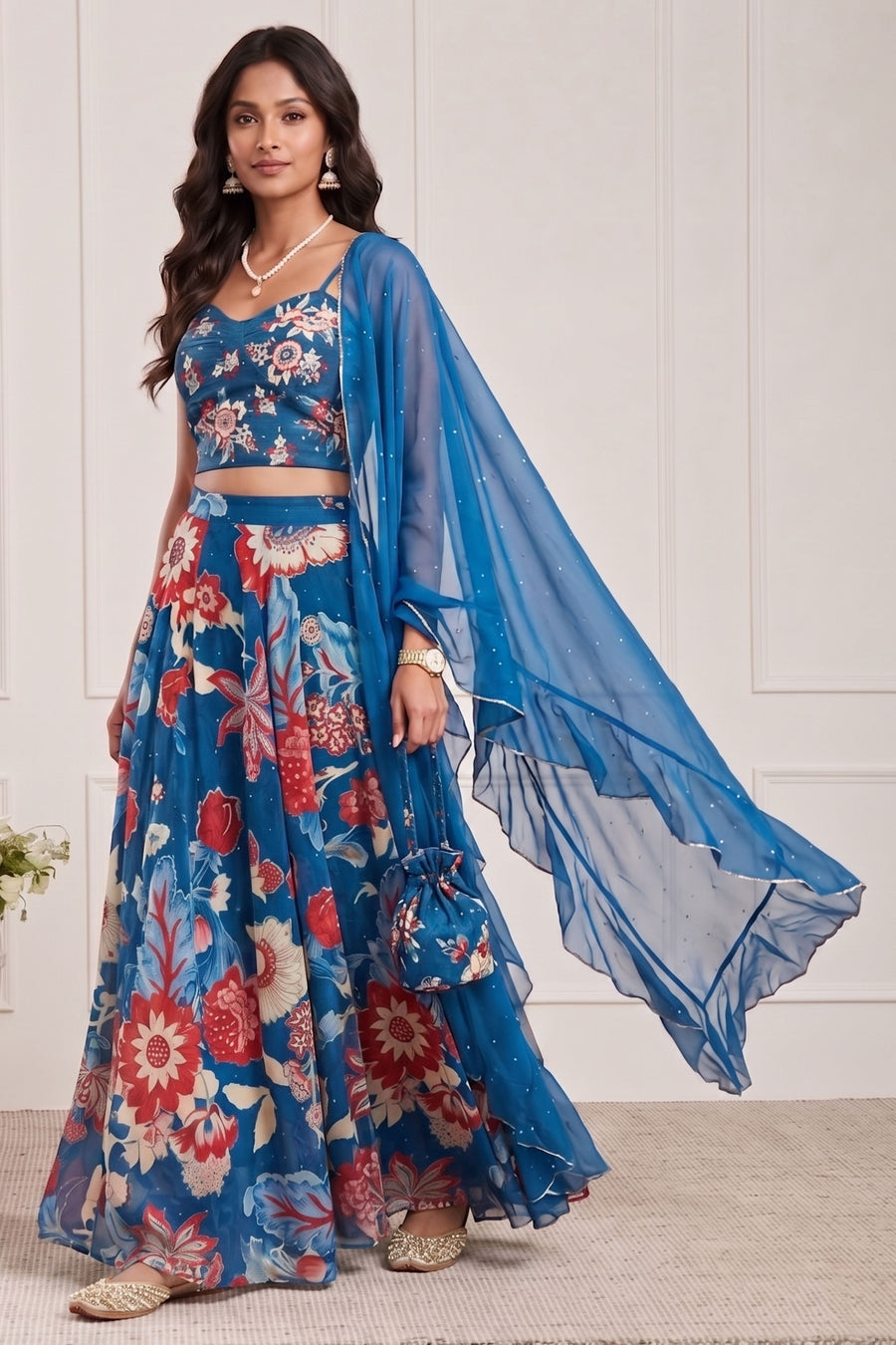 Blue Viscose Rayon Printed Lehenga Set KS60