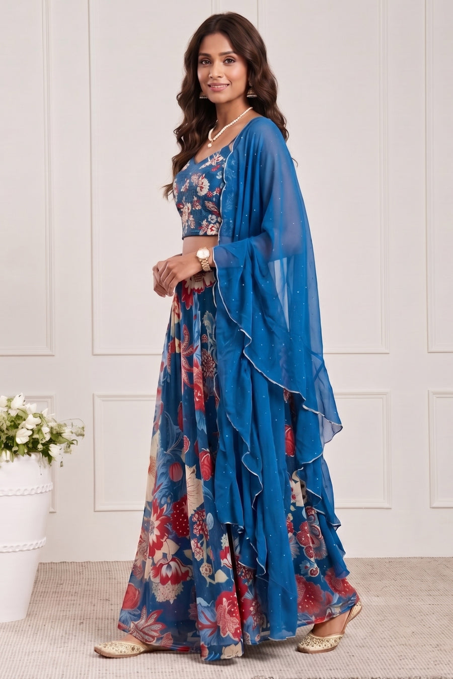 Blue Viscose Rayon Printed Lehenga Set KS60