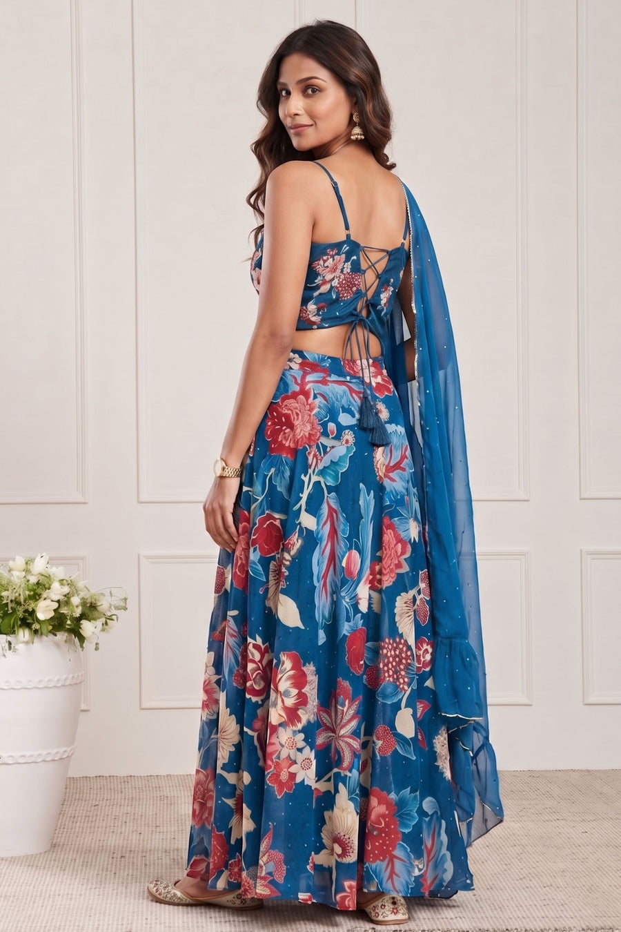 Blue Viscose Rayon Printed Lehenga Set KS60