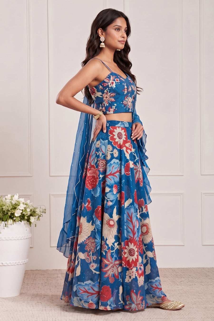 Blue Viscose Rayon Printed Lehenga Set KS60