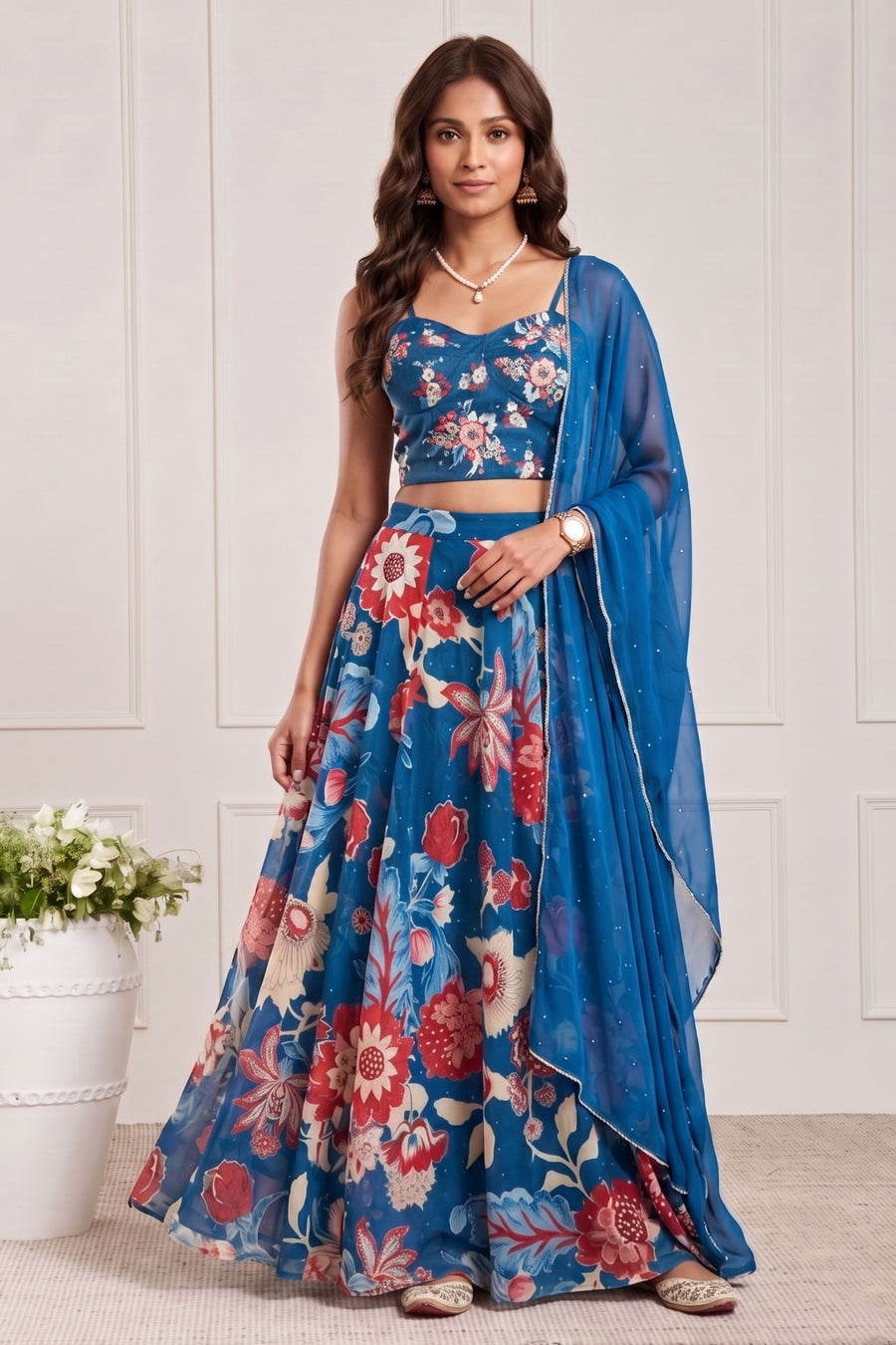 Blue Viscose Rayon Printed Lehenga Set KS60
