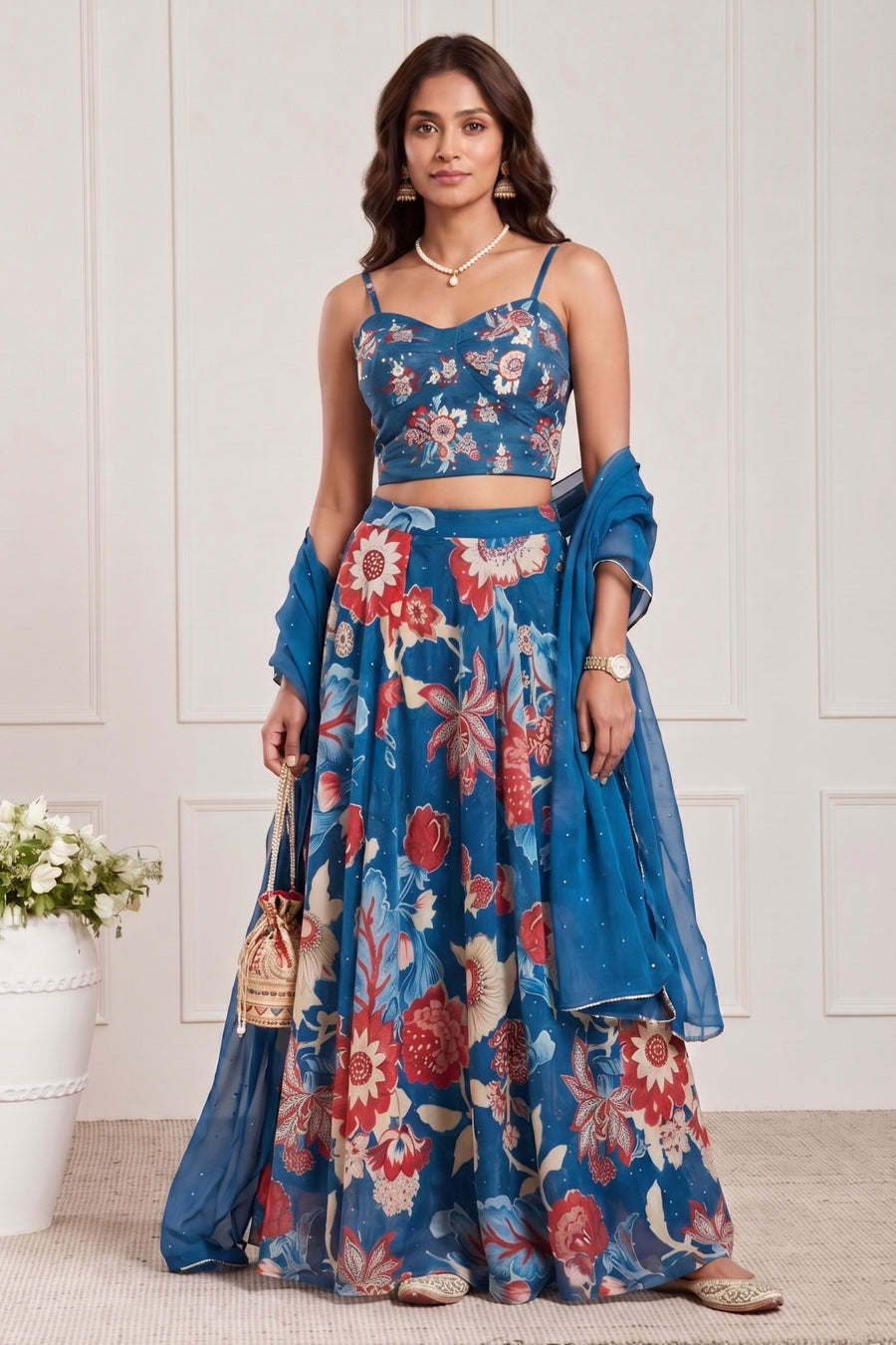 Blue Viscose Rayon Printed Lehenga Set KS60