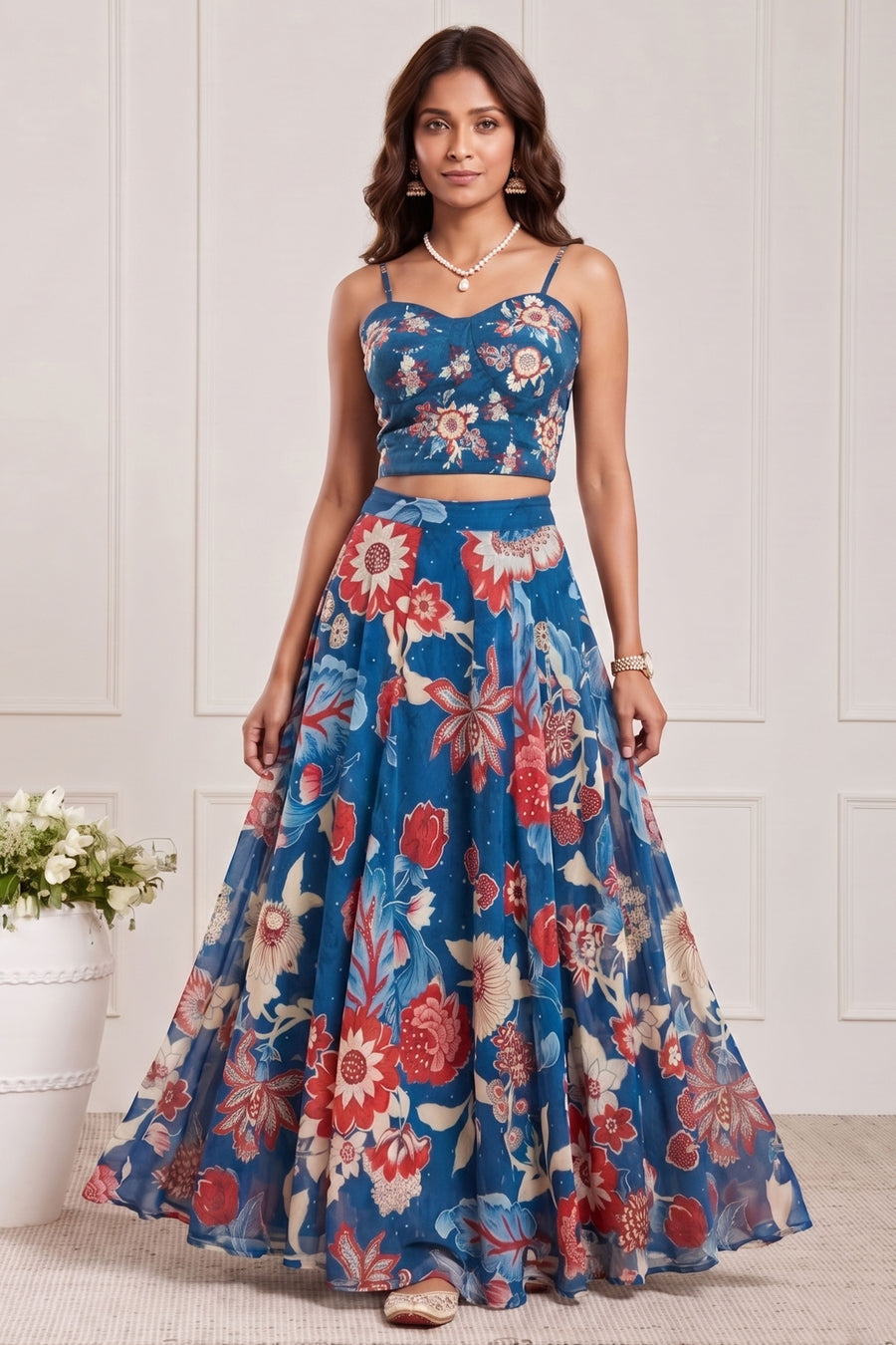 Blue Viscose Rayon Printed Lehenga Set KS60