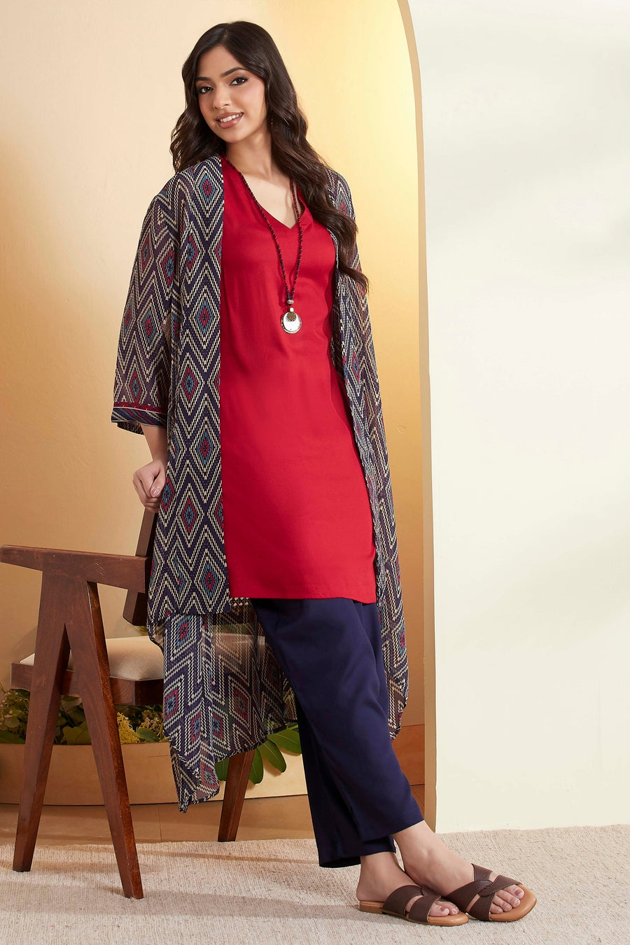 Blue & Red Straight Fusion Set With Necklace KS60