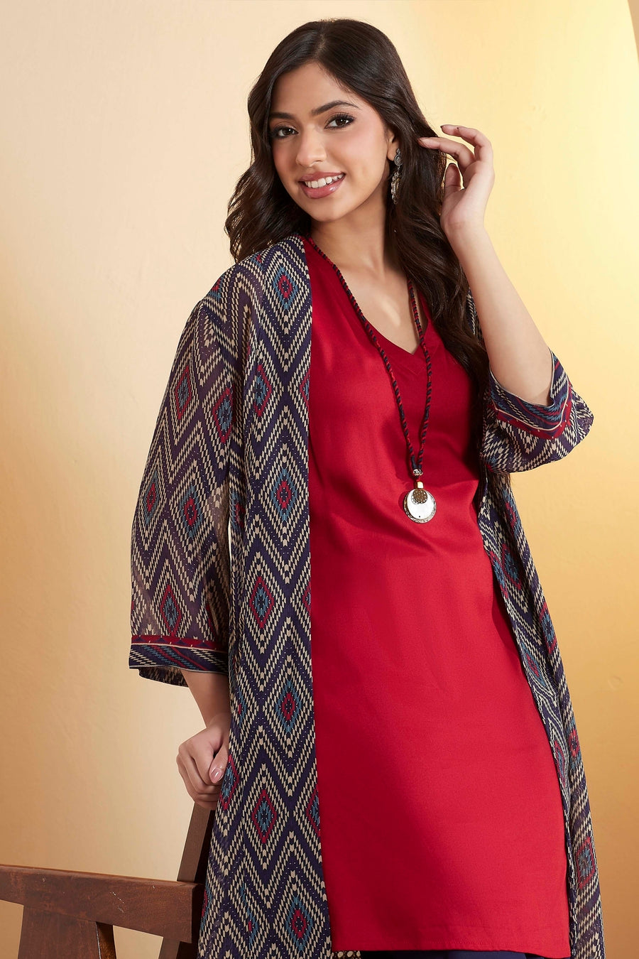 Blue & Red Straight Fusion Set With Necklace KS60