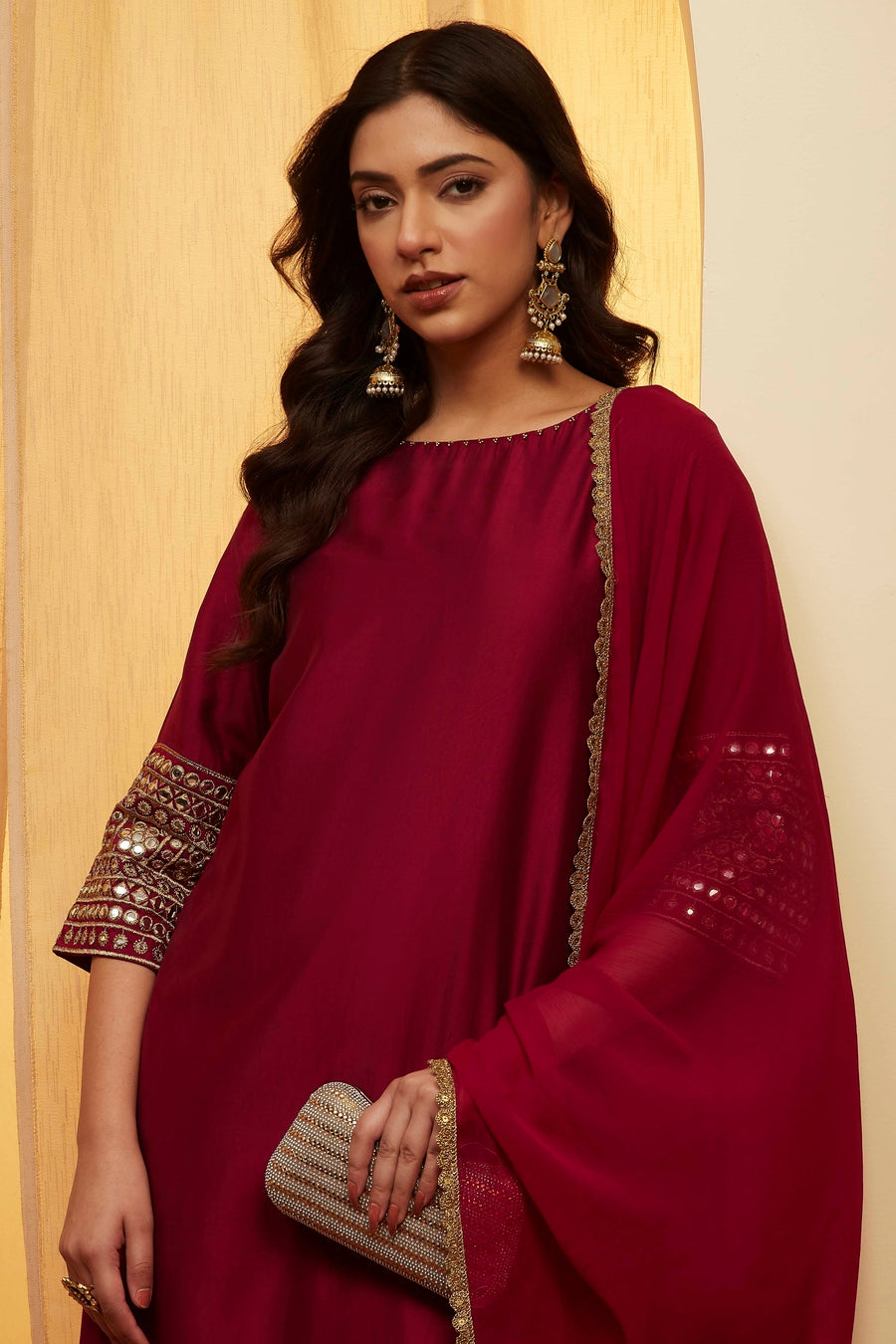Wine Solid Straight Viscose Blend Kurta Set KS60